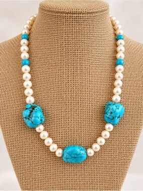 Turquoise Necklace W 7mm Cultutred Pearls Sterling Silver Clasp